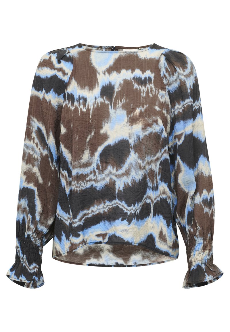 Braune, blaue und cremefarbene Batikbluse mit langen Ärmeln, gerafften Manschetten und rundem Ausschnitt. Leichter, texturierter Stoff.