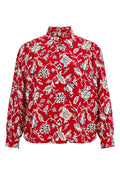 Rote Bluse mit floralem Muster, hohen Rüschen am Hals, langen Ärmeln und einem weißen/schwarzen Blumenmuster. Hergestellt aus leichtem Stoff und mit einer lässigen Passform.