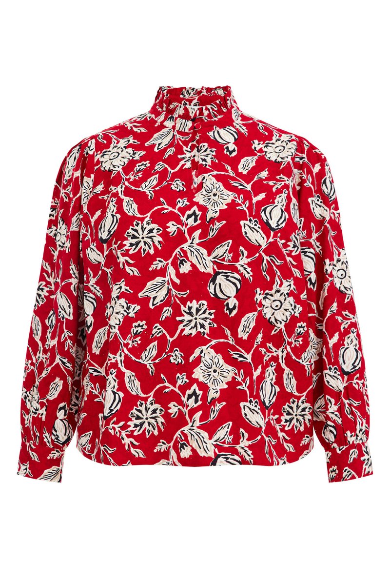 Rote Bluse mit floralem Muster, hohen Rüschen am Hals, langen Ärmeln und einem weißen/schwarzen Blumenmuster. Hergestellt aus leichtem Stoff und mit einer lässigen Passform.