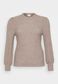 Leicht beige Strickpullover mit Rundhalsausschnitt, puffigen Ärmeln, gerippten Bündchen und subtilen Lochdetails überall.