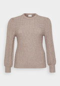 Leicht beige Strickpullover mit Rundhalsausschnitt, puffigen Ärmeln, gerippten Bündchen und subtilen Lochdetails überall.