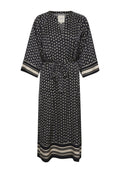 Navyblaues Kleid mit floralem Druck, V-Ausschnitt, drei Viertelärmeln, Taillengürtel und kontrastierenden gestreiften Bündchen und Saum. Glatte Stoffoberfläche.