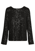 Schwarzer Paillettenpullover mit langen Ärmeln, breitem Rundhalsausschnitt und strukturiertem Strickdesign, das mit silbernen Pailletten funkelt.