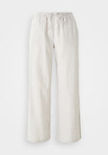 Hellbeige weit geschnittene Hose mit vertikalem Streifenmuster, elastischem Bund und Kordelzug; weicher Stoff, lässiges Design.