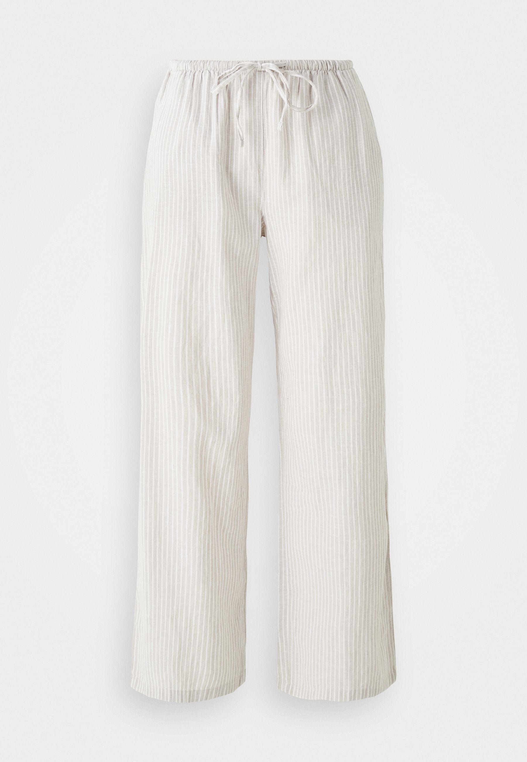 Hellbeige weit geschnittene Hose mit vertikalem Streifenmuster, elastischem Bund und Kordelzug; weicher Stoff, lässiges Design.