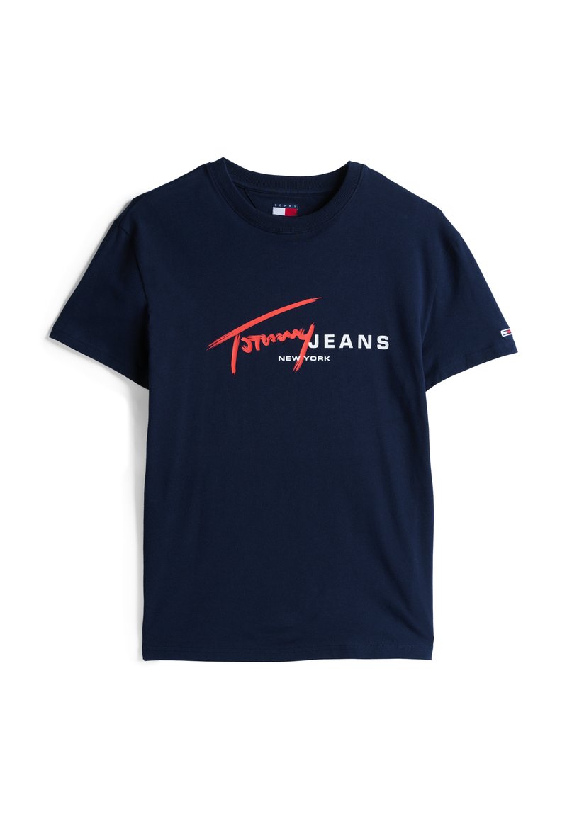 Dunkelblaue Baumwoll-T-Shirt mit kurzenÄrmeln, das ein großes rotes "Tommy"-Logo über dem fetten weißen Text "JEANS" und "NEW YORK" aufweist.