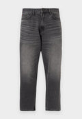 Graue Denim-Jeans mit geradem Schnitt, ausgestattet mit fünf Taschen, Reißverschluss und dezenten Abnutzungsspuren auf der Vorderseite. Genähter Saum und Markenzeichen-Detail.