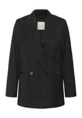 Schwarzer doppelreihiger Blazer aus glattem Stoff, mit Reverskragen, zwei vorderen Taschen und abgerundeten, tief angesetzten Schultern.