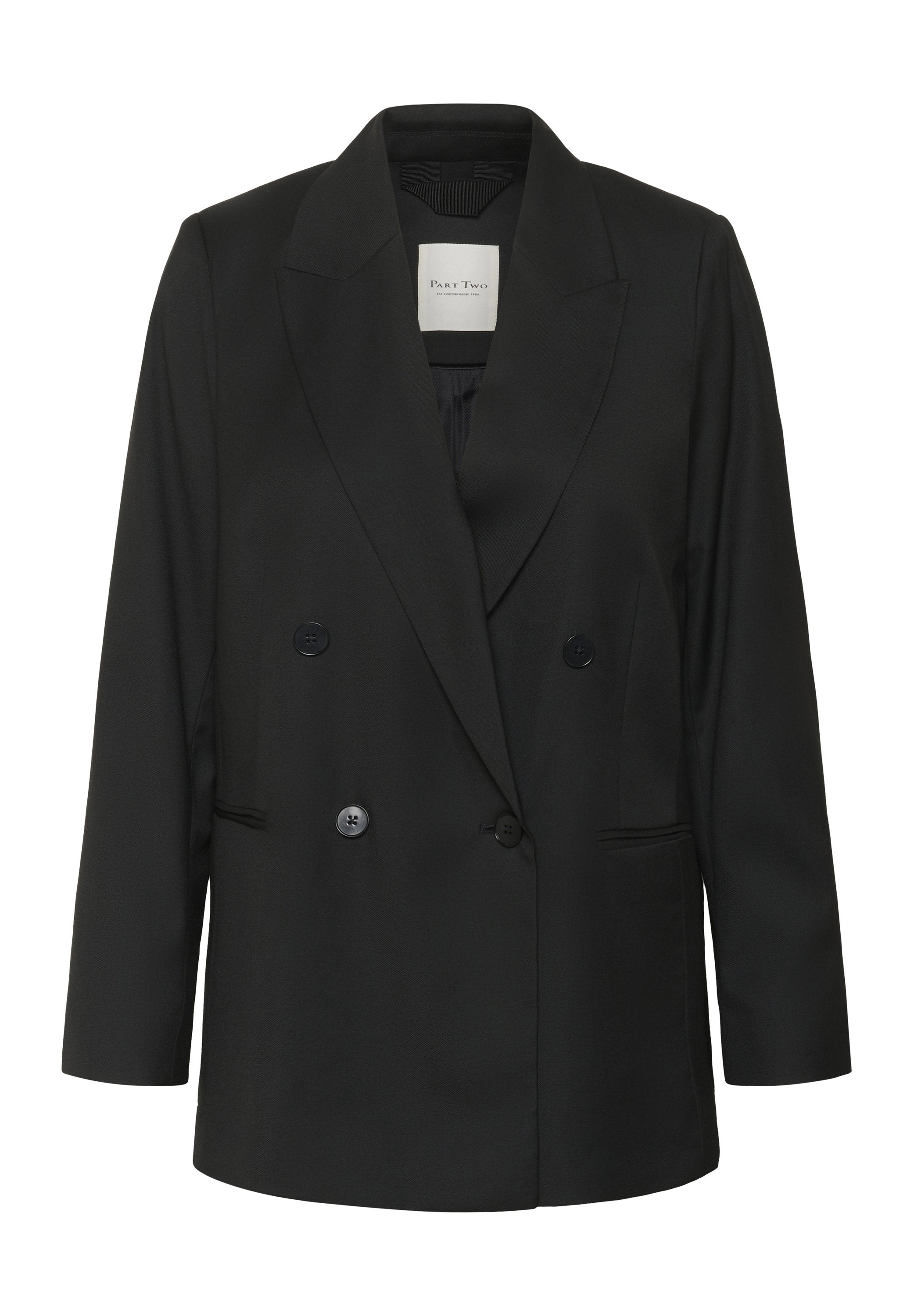 Schwarzer doppelreihiger Blazer aus glattem Stoff, mit Reverskragen, zwei vorderen Taschen und abgerundeten, tief angesetzten Schultern.