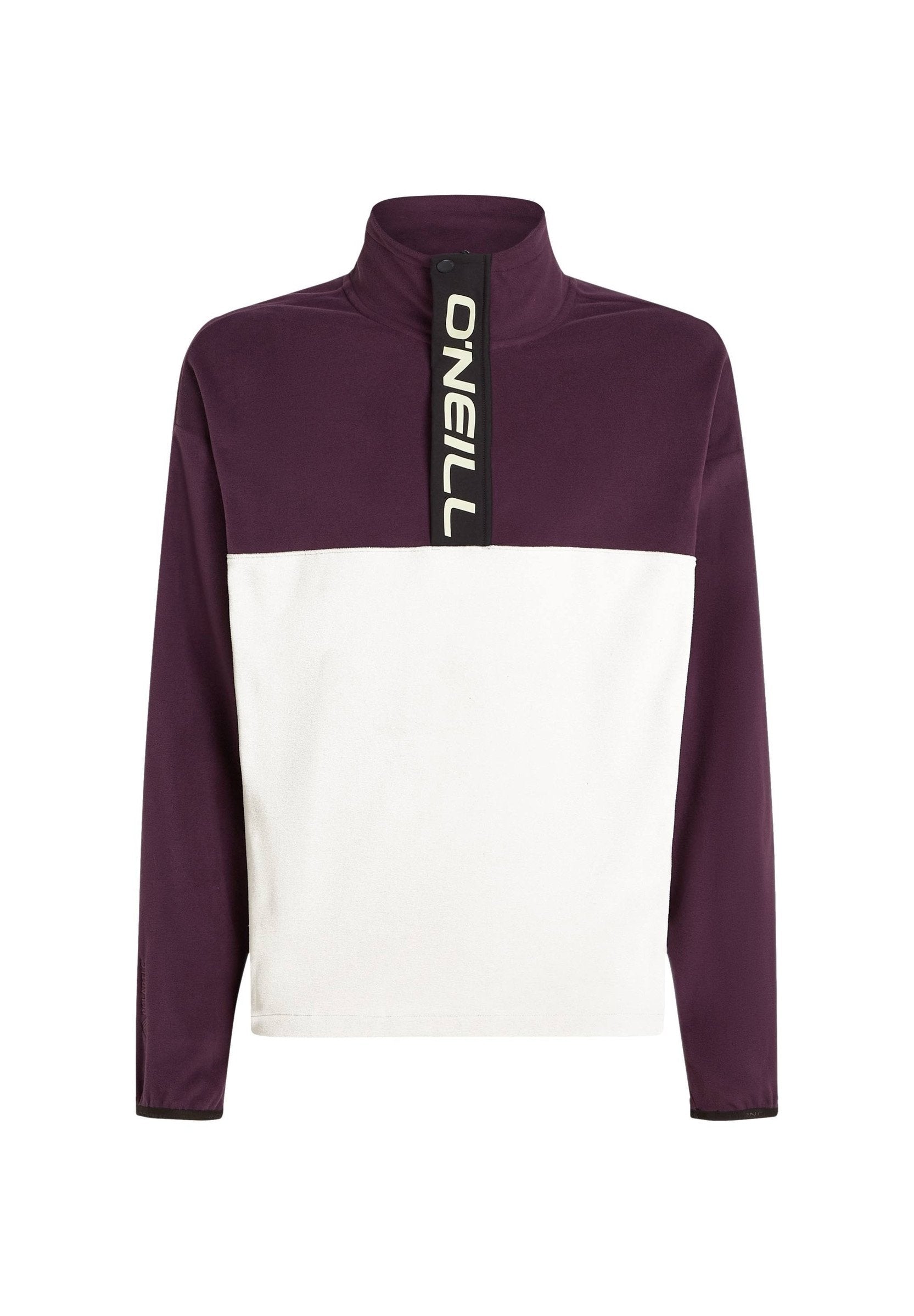 Lila- und weiße Fleece-Pullover mit hohem Kragen, ausgestattet mit einem schwarzen Reißverschluss und einem Logo-Akzent. Lange Ärmel mit einem Farbblockdesign in einfarbig.