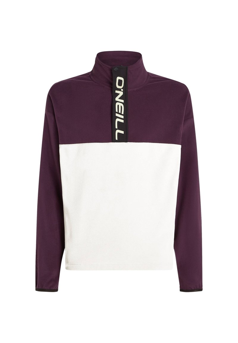 Lila- und weiße Fleece-Pullover mit hohem Kragen, ausgestattet mit einem schwarzen Reißverschluss und einem Logo-Akzent. Lange Ärmel mit einem Farbblockdesign in einfarbig.