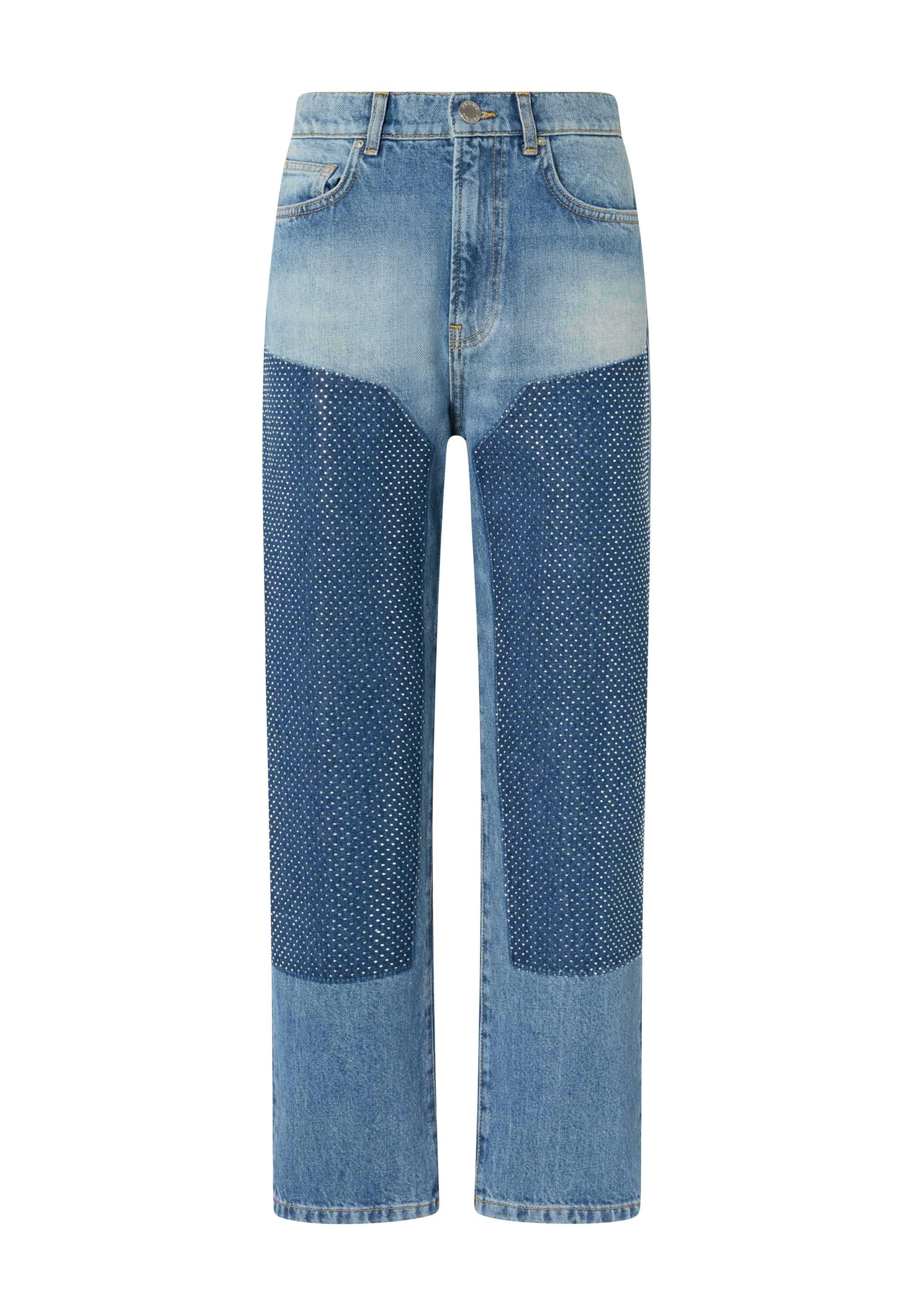 Jeans aus Denim mit einer hellblauen Waschung und dunkleren gepatchten Paneelen, die ein gepunktetes Muster aufweisen. Gerade Beinform mit Five-Pocket-Design.