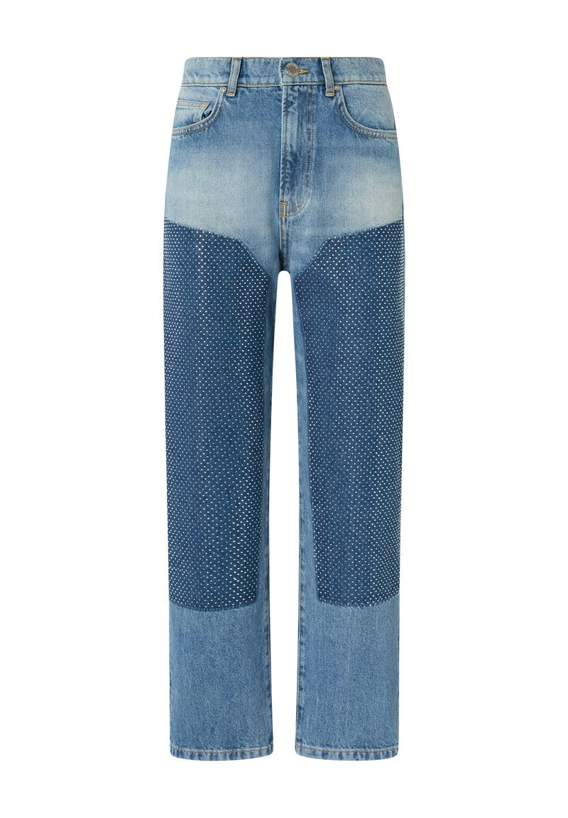 Jeans aus Denim mit einer hellblauen Waschung und dunkleren gepatchten Paneelen, die ein gepunktetes Muster aufweisen. Gerade Beinform mit Five-Pocket-Design.