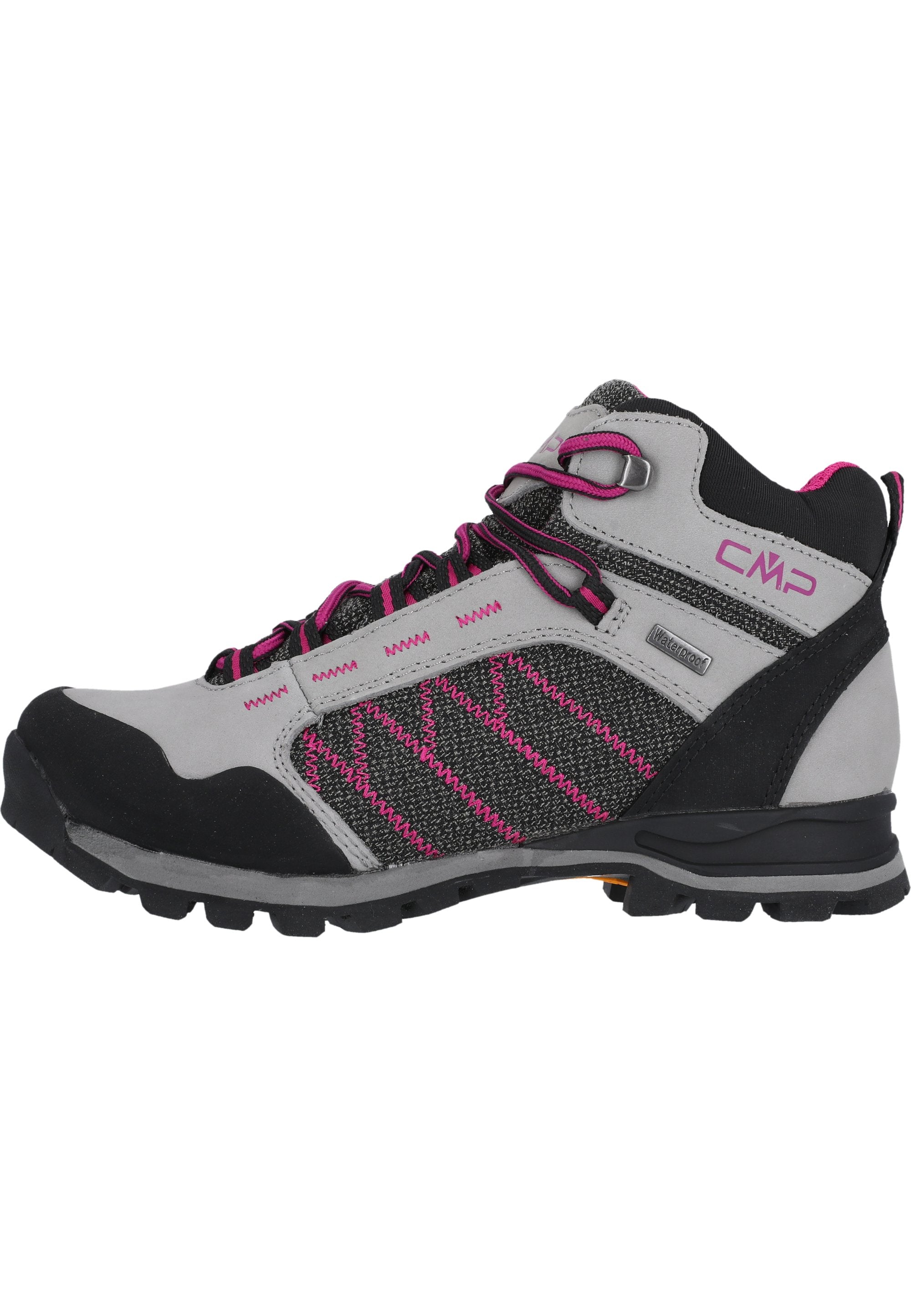 Wanderstiefel mit grauem und schwarzem synthetischem Obermaterial, pinken Akzenten und strukturiertem seitlichem Design. Verfügt über eine Gummizehenkappe und eine strapazierfähige Sohle.