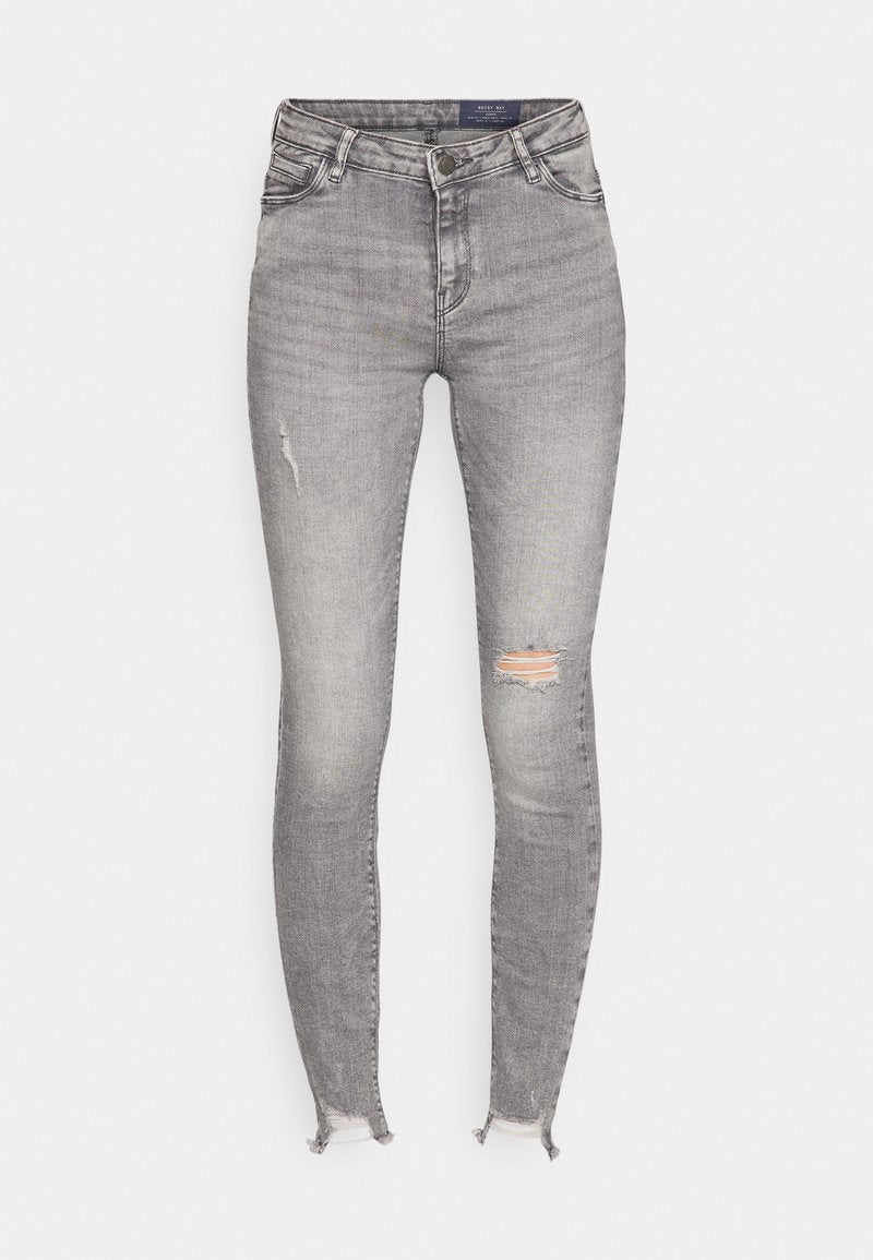 Graue Skinny-Jeans aus Denim mit hoher Taille, mit distressed Akzenten und Löchern sowie einem ausgefransten Saum an den Knöcheln.