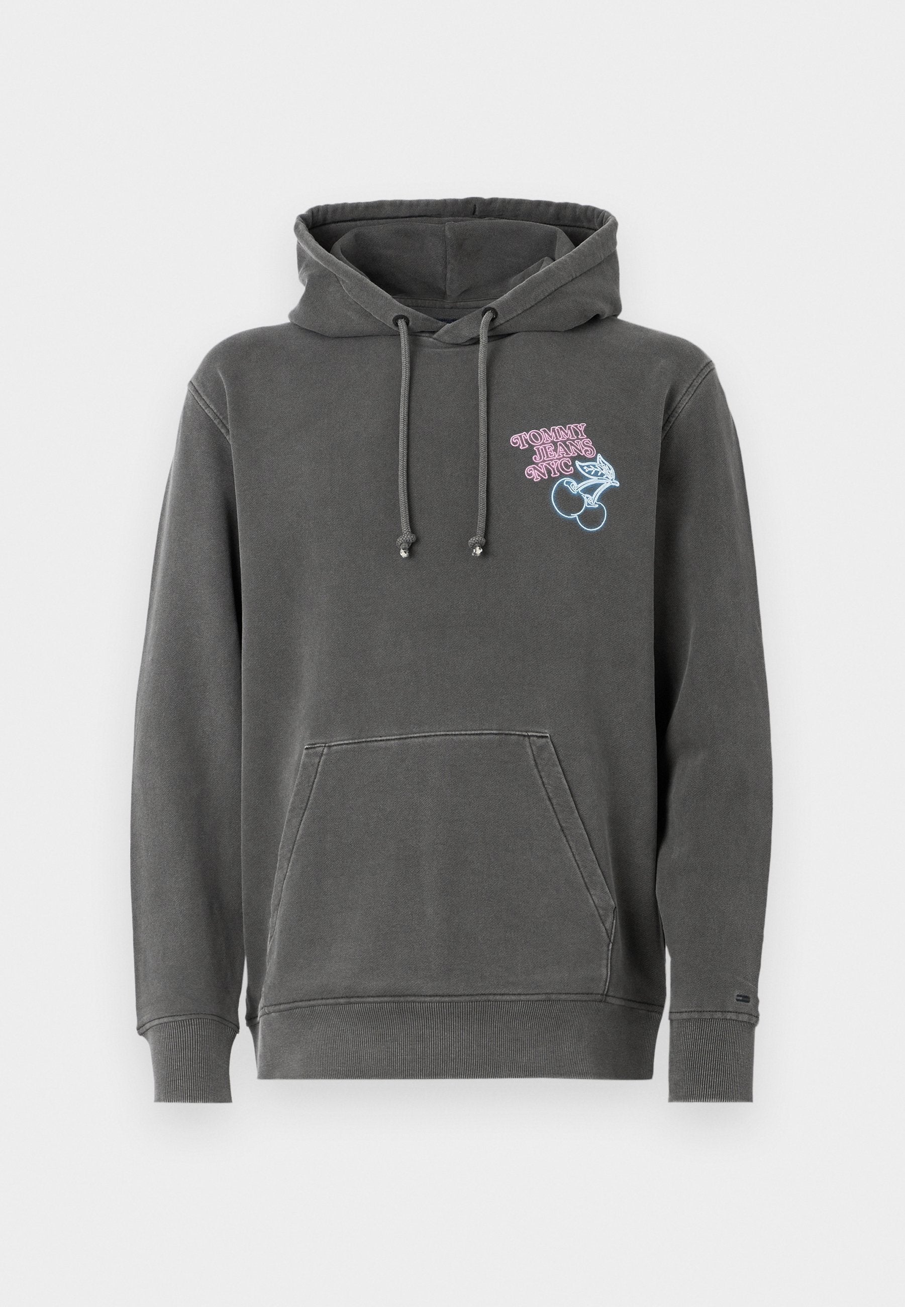 Grauer Hoodie aus einem Baumwoll-Mix, mit einer frontalen Tasche, Kapuze mit Kordelzug und buntem besticktem "Tommy Jeans NYC"-Logo sowie Designs.