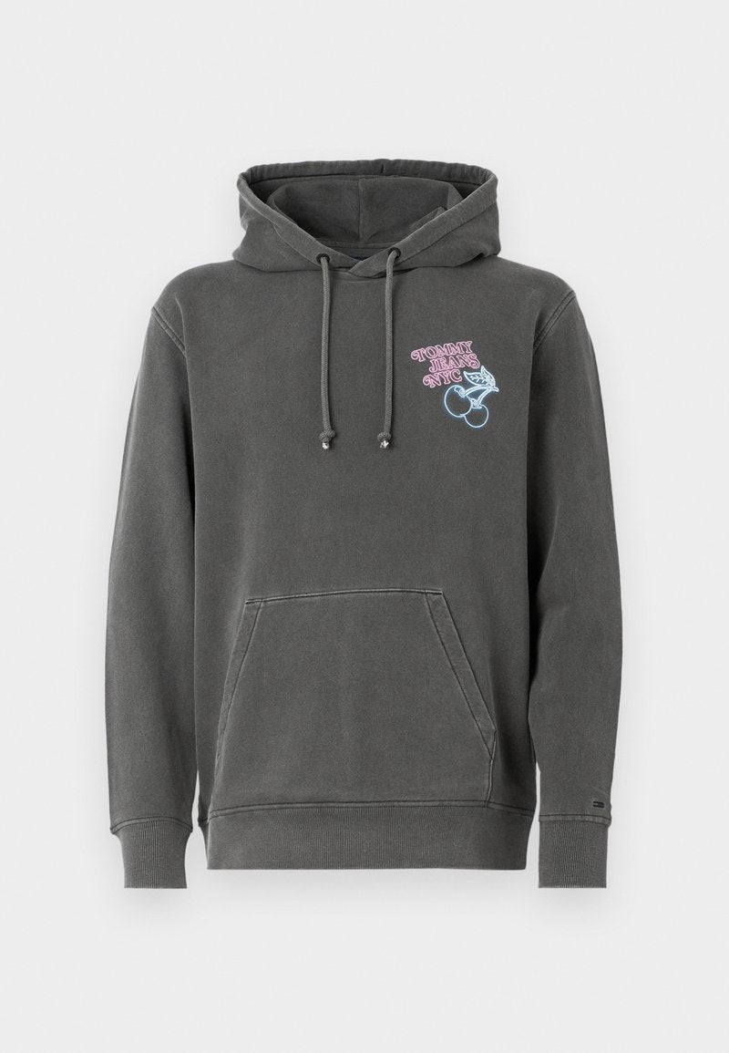 Grauer Hoodie aus einem Baumwoll-Mix, mit einer frontalen Tasche, Kapuze mit Kordelzug und buntem besticktem "Tommy Jeans NYC"-Logo sowie Designs.