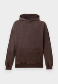 Brauner Kapuzenpullover aus Baumwolle mit Kängurutasche auf der Vorderseite, gerippten Bündchen und lockerem Schnitt.