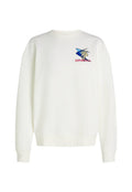 Weißer Sweatshirt mit Rundhalsausschnitt, lockerer Passform und gerippten Bündchen. Verfügt über ein blaues und gelbes Grafiklogo auf der linken Brust.