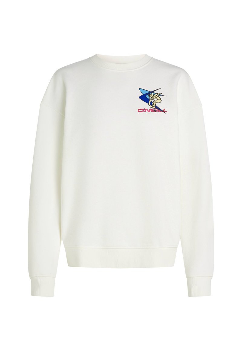 Weißer Sweatshirt mit Rundhalsausschnitt, lockerer Passform und gerippten Bündchen. Verfügt über ein blaues und gelbes Grafiklogo auf der linken Brust.