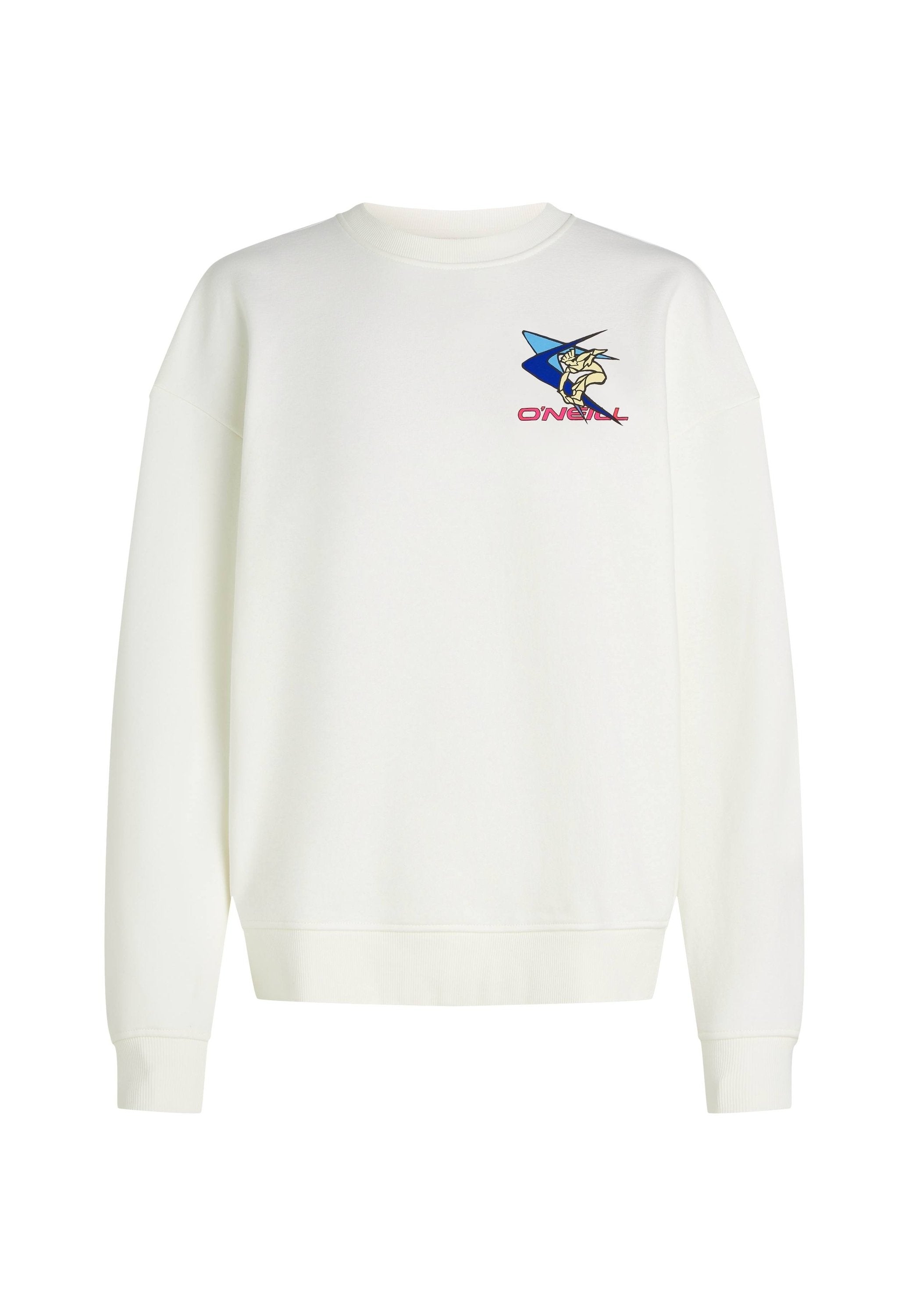 Weißer Sweatshirt mit Rundhalsausschnitt, lockerer Passform und gerippten Bündchen. Verfügt über ein blaues und gelbes Grafiklogo auf der linken Brust.