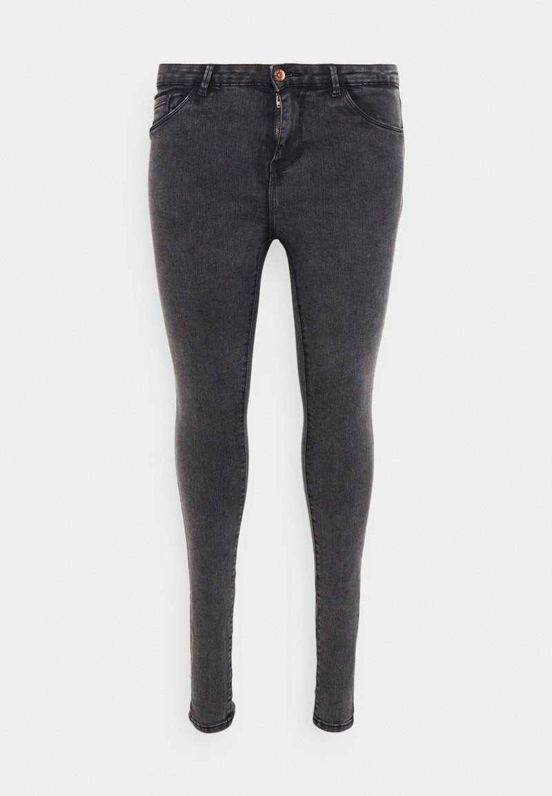 Schlanke Jeans aus dunkelgrauem Denim, mit Reißverschluss, Knopfverschluss, fünf Taschen und einer glatten Textur mit minimaler Verblassung.