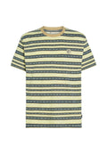 Gestreiftes T-Shirt in hellgelb mit marineblauen und weißen geometrischen Mustern. Verfügt über einen Rundhalsausschnitt und ein kleines Logo-Akzent auf der Brust.