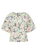 Florale Bluse mit einer Pastellfarbpalette in Grün-, Rosa- und Blaublumen. Kurze Ärmel, runder Halsausschnitt, strukturiertem Stoff und Knopfverschluss auf der Rückseite.