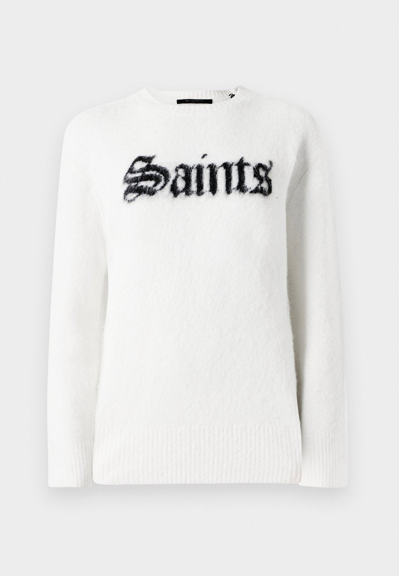 Weißer Pullover aus plüschigem Material mit einem schwarzen "Saints"-Grafikdesign auf der Vorderseite. Rundhalsausschnitt, lange Ärmel und gerippte Saumverarbeitung.