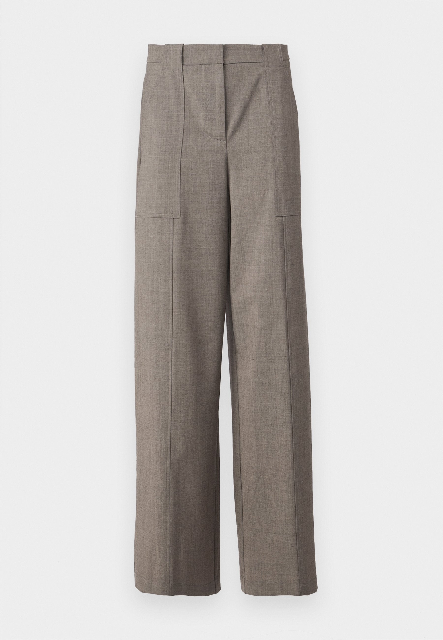 Graue Weitbeinhosen mit glatter Textur, ausgestattet mit seitlichen Einschubtaschen und einem hohen Taillendesign, das einen maßgeschneiderten Look präsentiert.