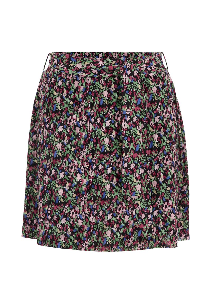 Blumiger Rock in dunklen Hintergrundfarben, mit einem plissierten Design, mehrfarbigen Blumenmustern und einem taillierten Bund mit Bindebändern.