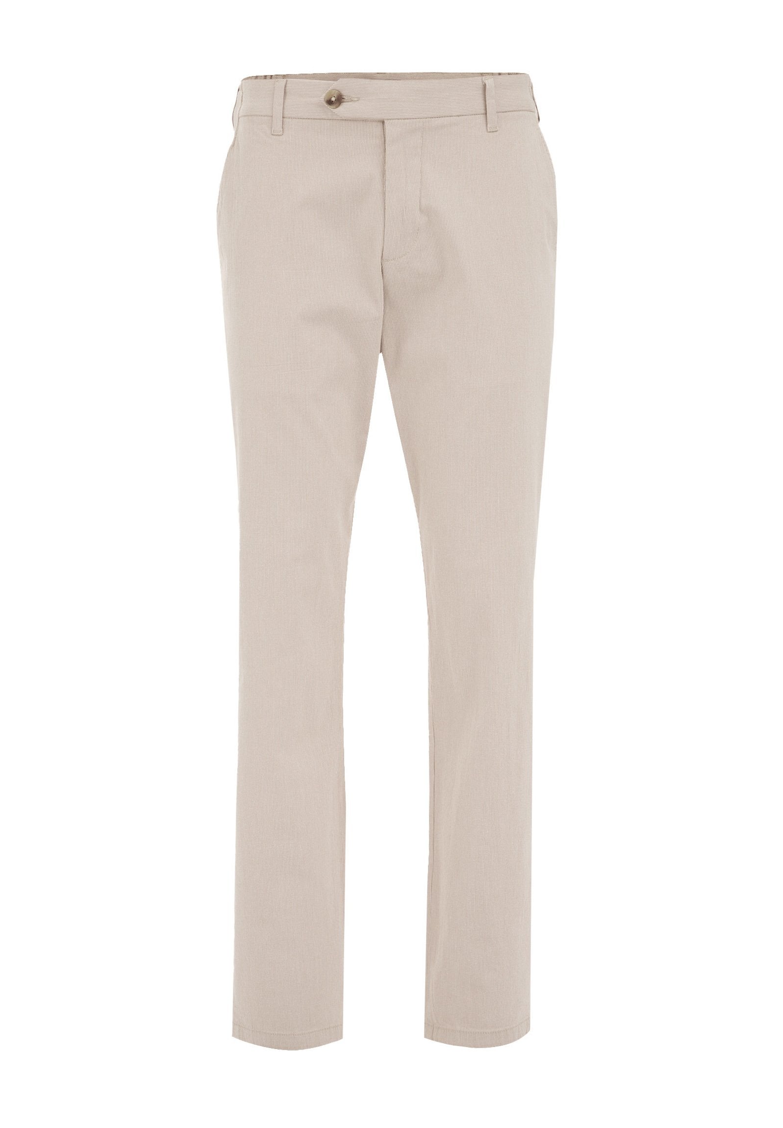 Beige, maßgeschneiderte Hose mit geradem Bein, aus glattem Stoff. Verfügt über Gürtelschlaufen, einen vorderen Knopf und Seitentaschen.