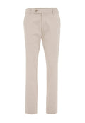 Beige, maßgeschneiderte Hose mit geradem Bein, aus glattem Stoff. Verfügt über Gürtelschlaufen, einen vorderen Knopf und Seitentaschen.