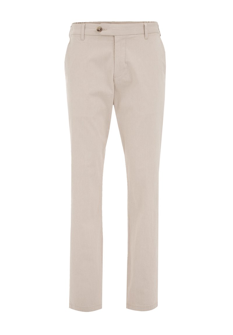 Beige, maßgeschneiderte Hose mit geradem Bein, aus glattem Stoff. Verfügt über Gürtelschlaufen, einen vorderen Knopf und Seitentaschen.