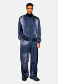 Navy Satin Bomberjacke mit Reißverschluss, gerippten Bündchen und passenden lockeren Hosen. Verfügt über eine elegante, glatte Textur und ein minimalistisches Design.