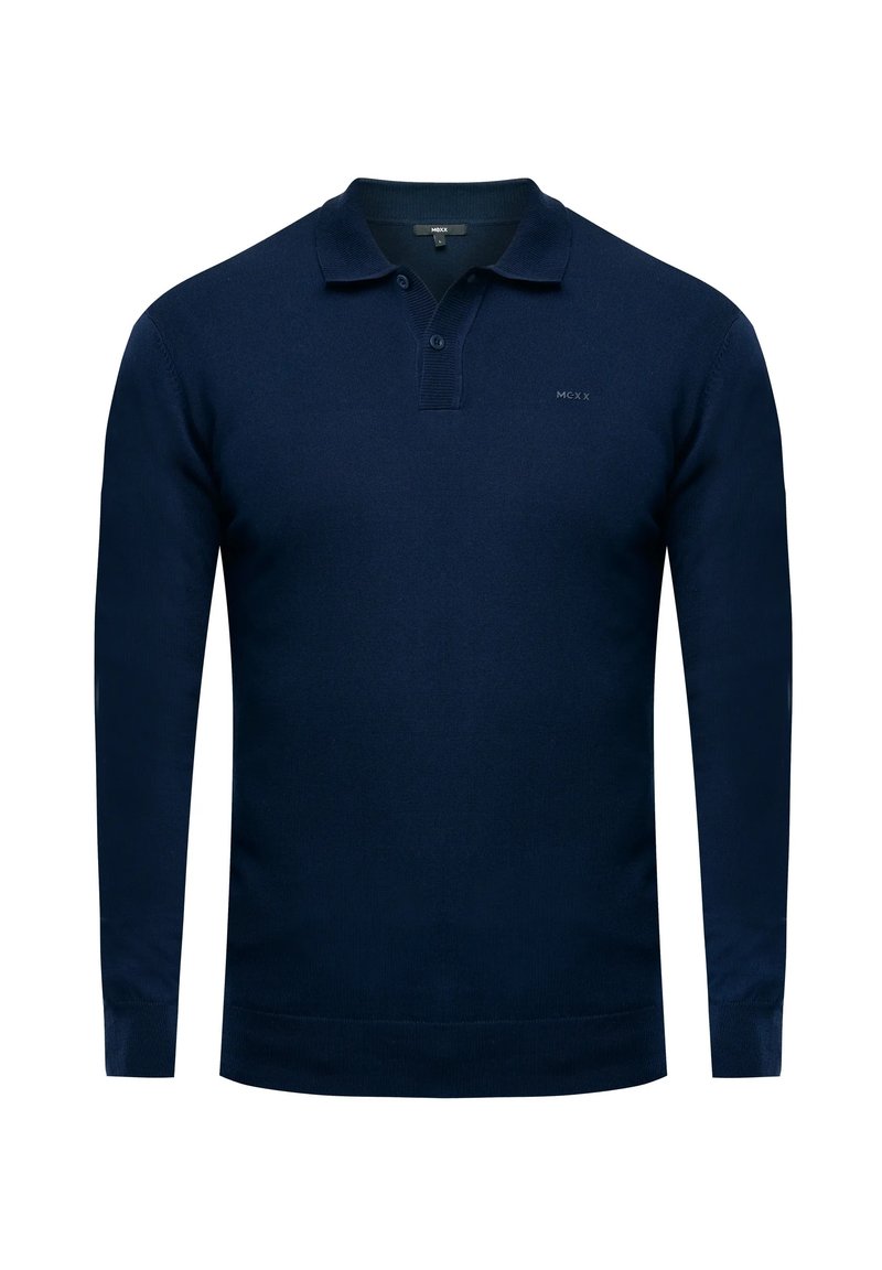 Marineblaues Langarm-Polo-Shirt aus Strickstoff, mit einer Knopfleiste mit zwei Knöpfen, geripptem Kragen und kleinem Logo auf der Brust.
