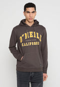 Dunkelgrauer Hoodie mit Kängurutasche, verstellbarem Kapuzenzug und gelbem Druck "O'Neill Santa Cruz California" auf der Brust.