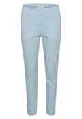 Hellblaue Slim-Fit-Hosen mit Fronttaschen, Gürtelschlaufen und Reißverschluss.