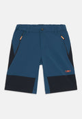 Blaue Shorts mit schwarzen Akzenten, aus leichtem Material. Verfügt über eine Reißverschlusstasche, einen Knopfverschluss und ein oranges Logodetail.