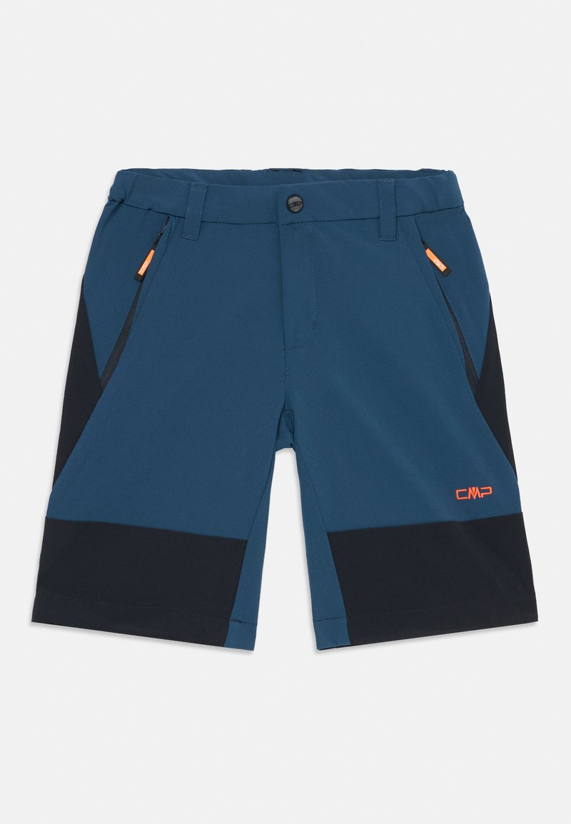 Blaue Shorts mit schwarzen Akzenten, aus leichtem Material. Verfügt über eine Reißverschlusstasche, einen Knopfverschluss und ein oranges Logodetail.