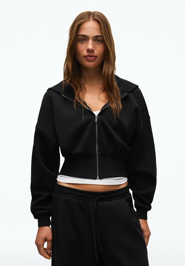 Bershka ZIP-UP WITH WAISTBAND - HOODIE - Zip-up sweatshirt - black