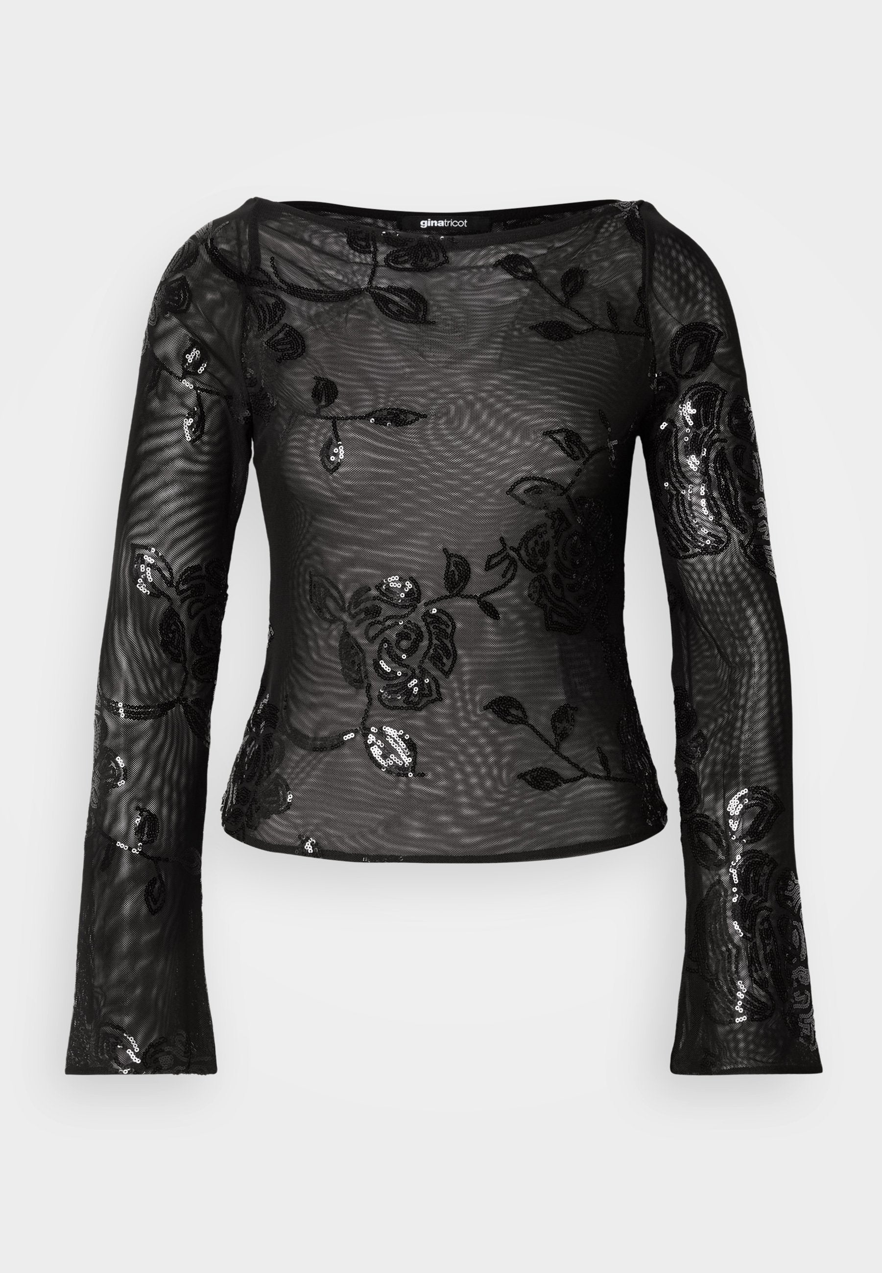 Schwarzes langärmeliges Mesh-Oberteil mit Blumenstickerei und Pailletten. Verfügt über einen weiten Halsausschnitt und eine taillierte Silhouette. Strukturierte Oberfläche mit transparentem Look.
