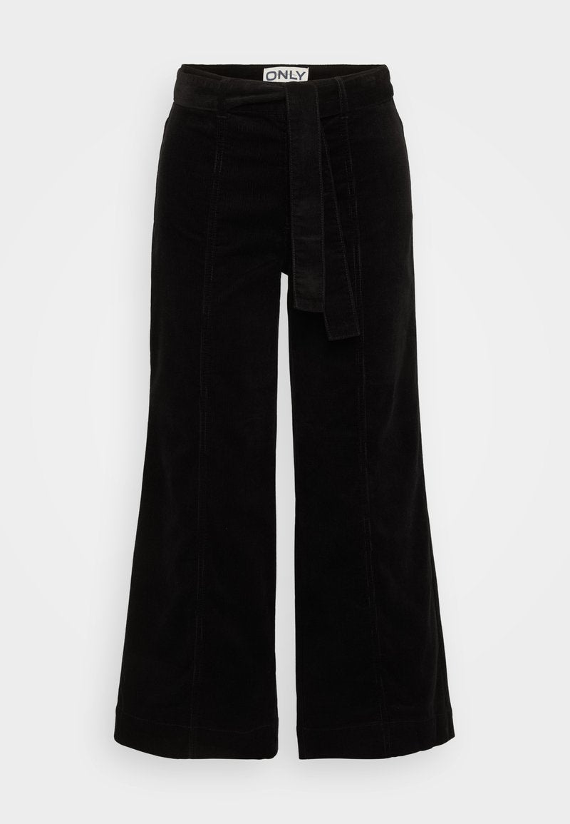 Schwarze Cord-weiter Beinhosen mit einem gebundenen Gürtel in der Taille, mit einer strukturierten Form und einem strukturierten Finish, geeignet für legere Anlässe.