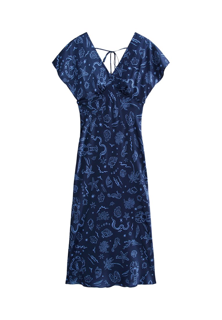 Marineblaue Kleid mit V-Ausschnitt, kurzen Ärmeln und einem Schnürverschluss im Rücken. Mit hellblauen maritimen Mustern dekoriert.