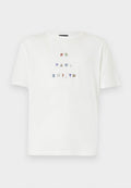 Weißes Baumwoll-T-Shirt mit mehrfarbigem, pailettenbesticktem Text, der "PS PAUL SMITH" in einem Blockbuchstaben-Design zeigt. Lockere Passform, Rundhalsausschnitt.