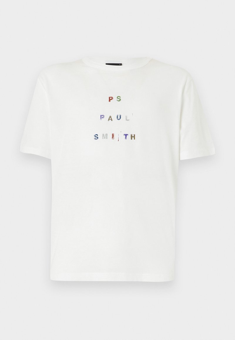 Weißes Baumwoll-T-Shirt mit mehrfarbigem, pailettenbesticktem Text, der "PS PAUL SMITH" in einem Blockbuchstaben-Design zeigt. Lockere Passform, Rundhalsausschnitt.