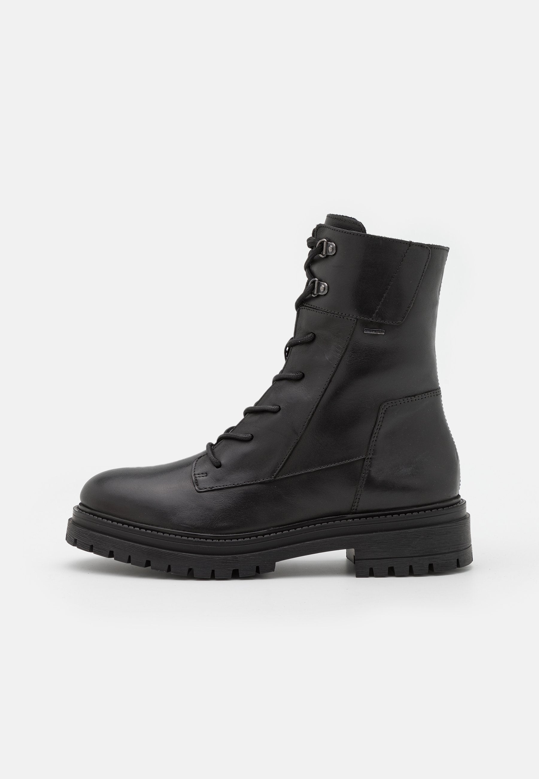 Schwarze Lederstiefelette mit Schnürung, runder Zehenpartie und robuster Gummisohle. Mit stabiler Naht und Metallösen. Glatte Textur.