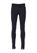 Marineblaue Sportleggings aus elastischem Stoff mit Kordelzugbund, gelben Akzenten und strukturierten Nahtdetails.