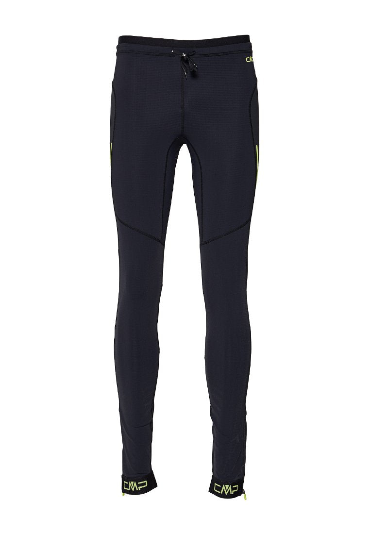 Marineblaue Sportleggings aus elastischem Stoff mit Kordelzugbund, gelben Akzenten und strukturierten Nahtdetails.