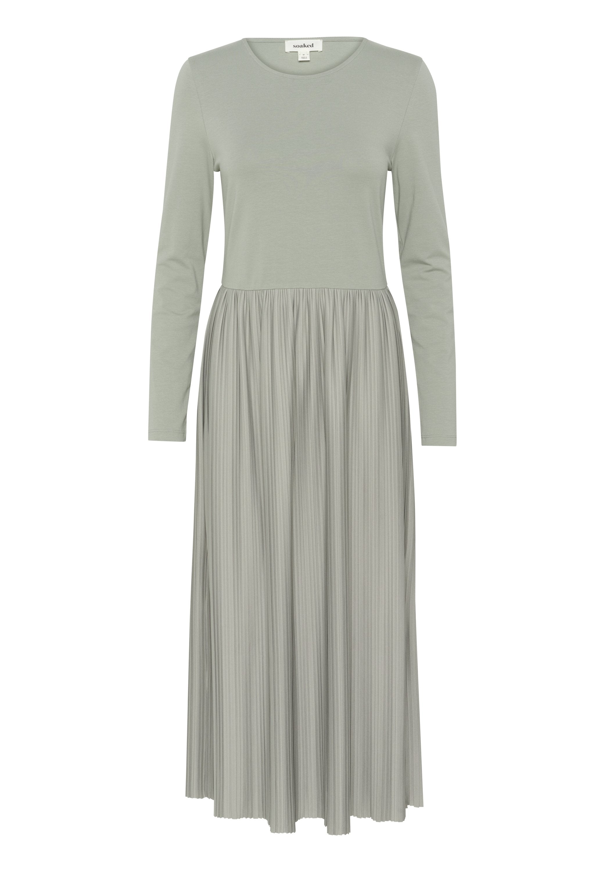 Langärmliges Kleid in Hellgrün, mit tailliertem Oberteil und plissiertem Rock. Aus weichem Stoff mit glatter Textur und lässigem Design.